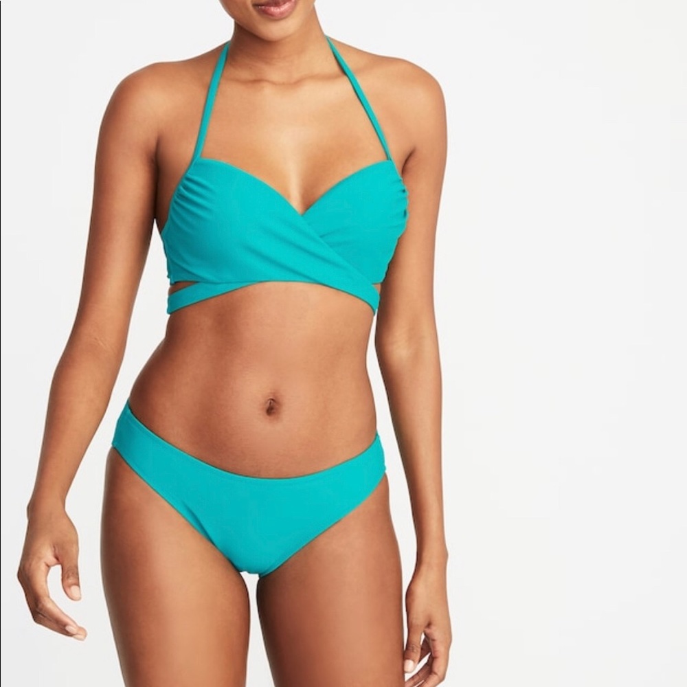 Teal Wrap-Front Halter Underwire Swim Top